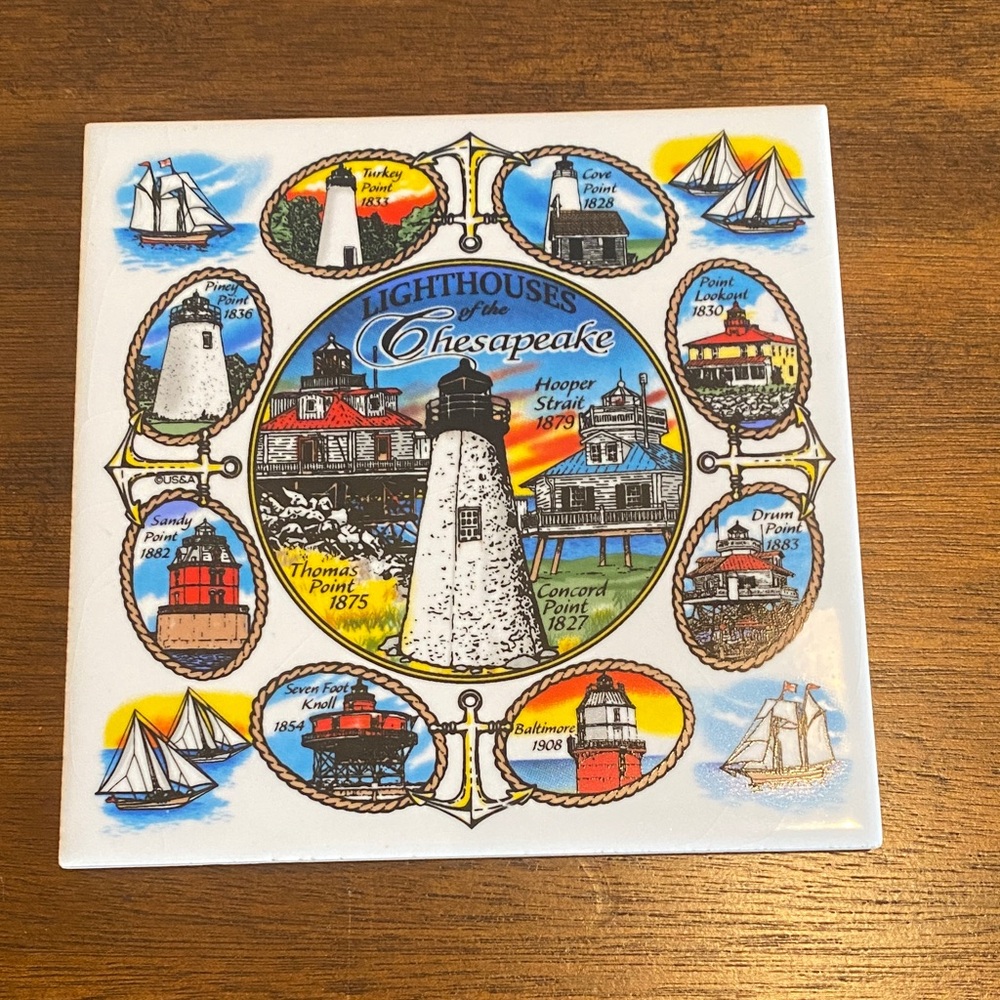 Square Cork Backed Ceramic Tile Coaster- Lighthouses of the Chesapeake